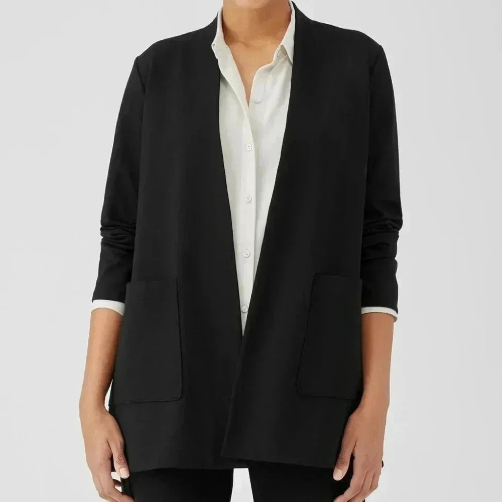 Eileen Fisher High Collared Open Viscoe Black Blazer, Pockets PP(DOUBLE PETITE)